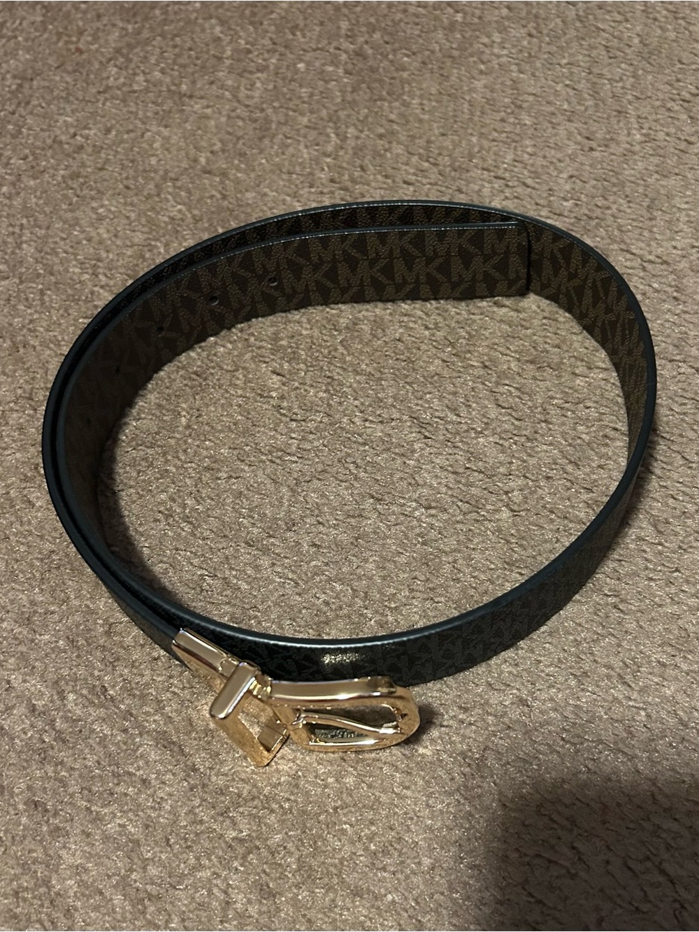 Michael Kors Reversible Brown/Black Signature Logo Print Belt with Gold Buckle